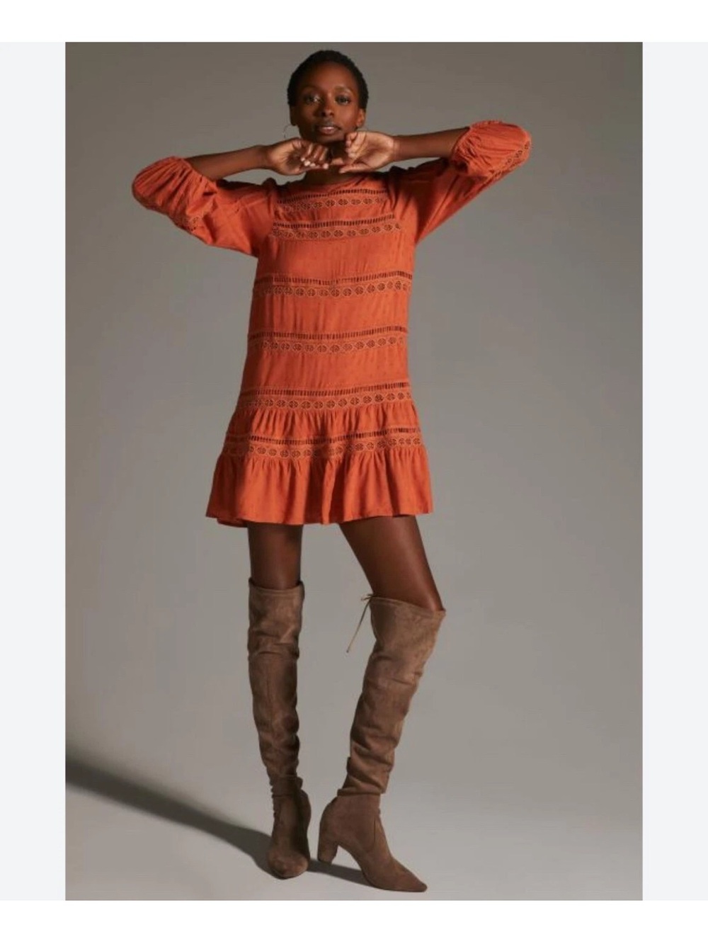 Anthropologie Women’s Boho Tiered Puff-Sleeve Mini Dress XS 100% Viscose